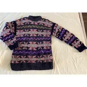 Retro Nordic Thick Knit Handmade 100% Wool Pullover Sweater OS Purple Pink